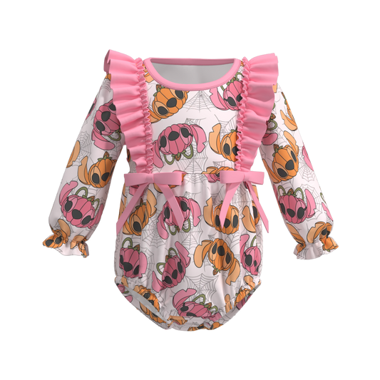 (Custom Design Preorder MOQ 5) Cartoon Pumpkin Print Baby Girls Halloween Romper