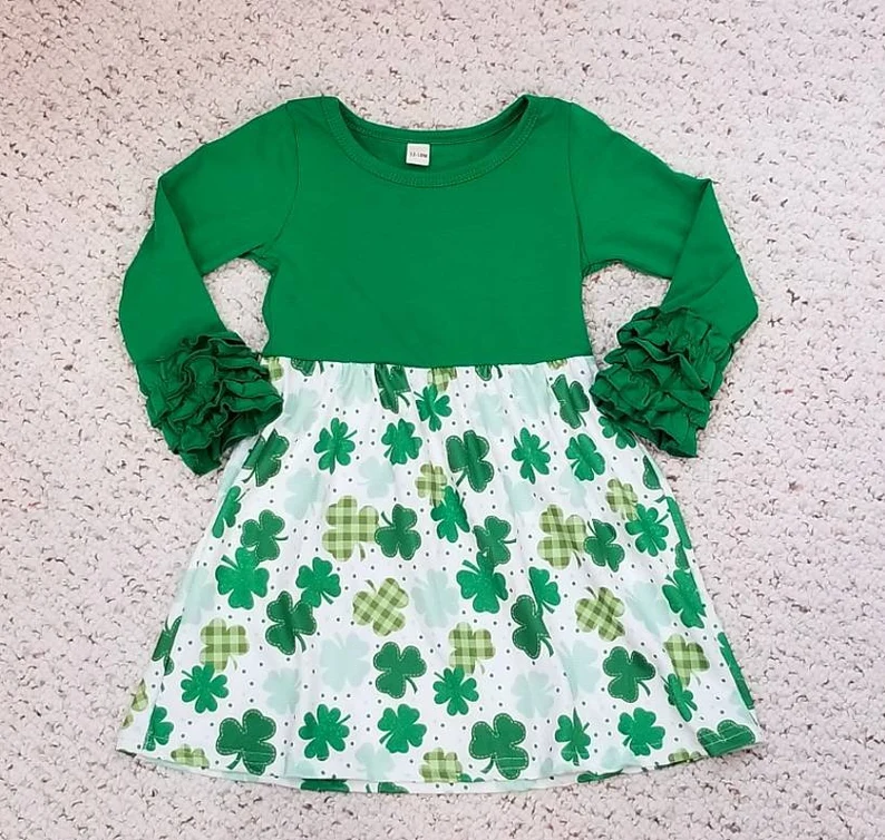 (Custom Design Preorder MOQ 5) Green Quatrefoil Print Girls St. Patrick's Knee Length Dress