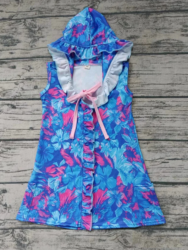 (Custom Design Preorder MOQ 5)  Blue Flowers Print Girls Hooded Swimming Coverup