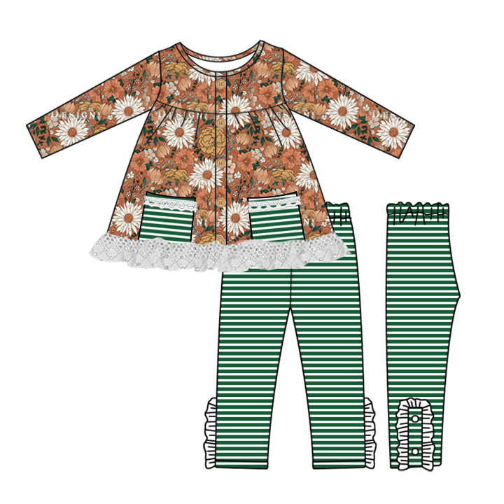 (Custom Design Preorder MOQ 5) Flowers Tunic Top Green Stripes Pants Girls Fall Clothes Set