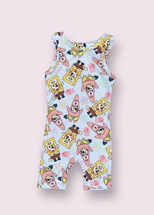 (Custom Design Preorder MOQ 5) Cartoon Spong* Flowers Print Baby Girls Summer Romper