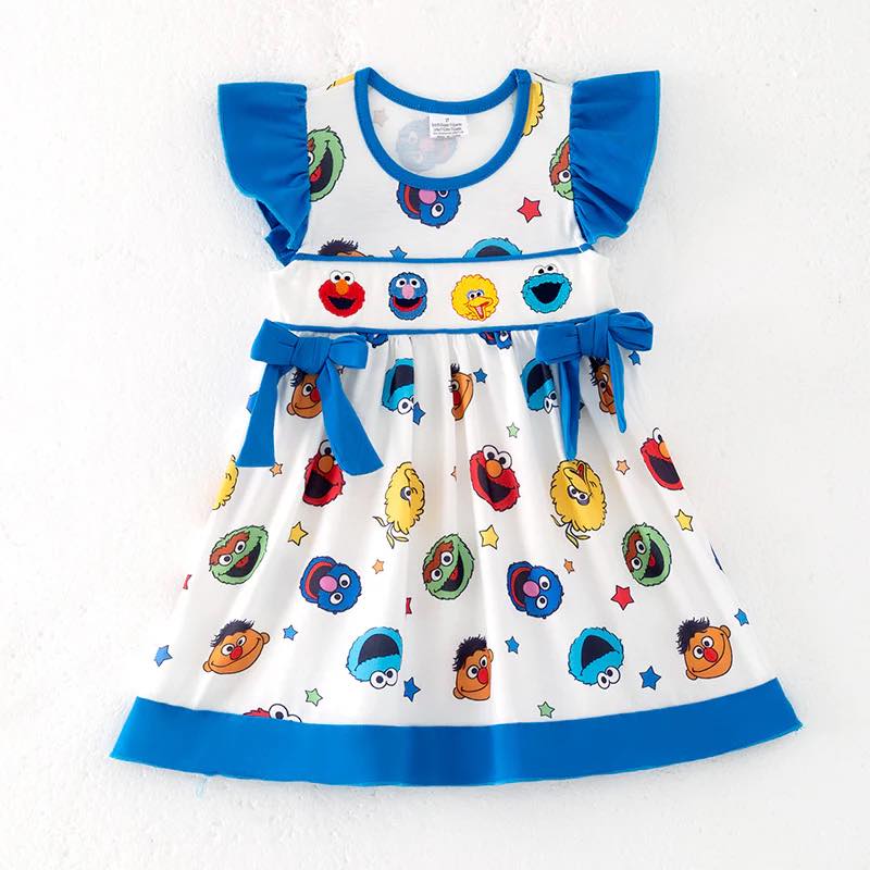 (Custom Design Preorder MOQ 5) Cartoon Street Print Girls Summer Knee Length Dress