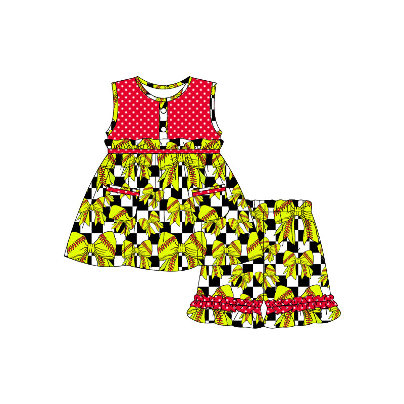 2.27(Custom Design Preorder MOQ 5) Softball Bows Tunic Top Ruffle Shorts Girls Summer Clothes Set