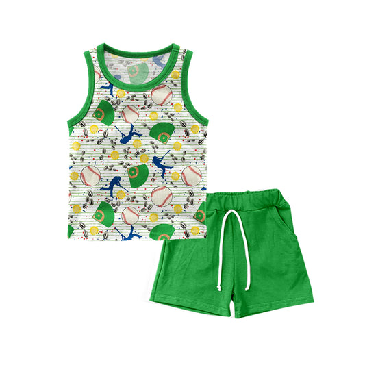11.30(Custom Design Preorder MOQ 5 ) Baseball Vest Top Green Shorts Boys Summer Clothes Set