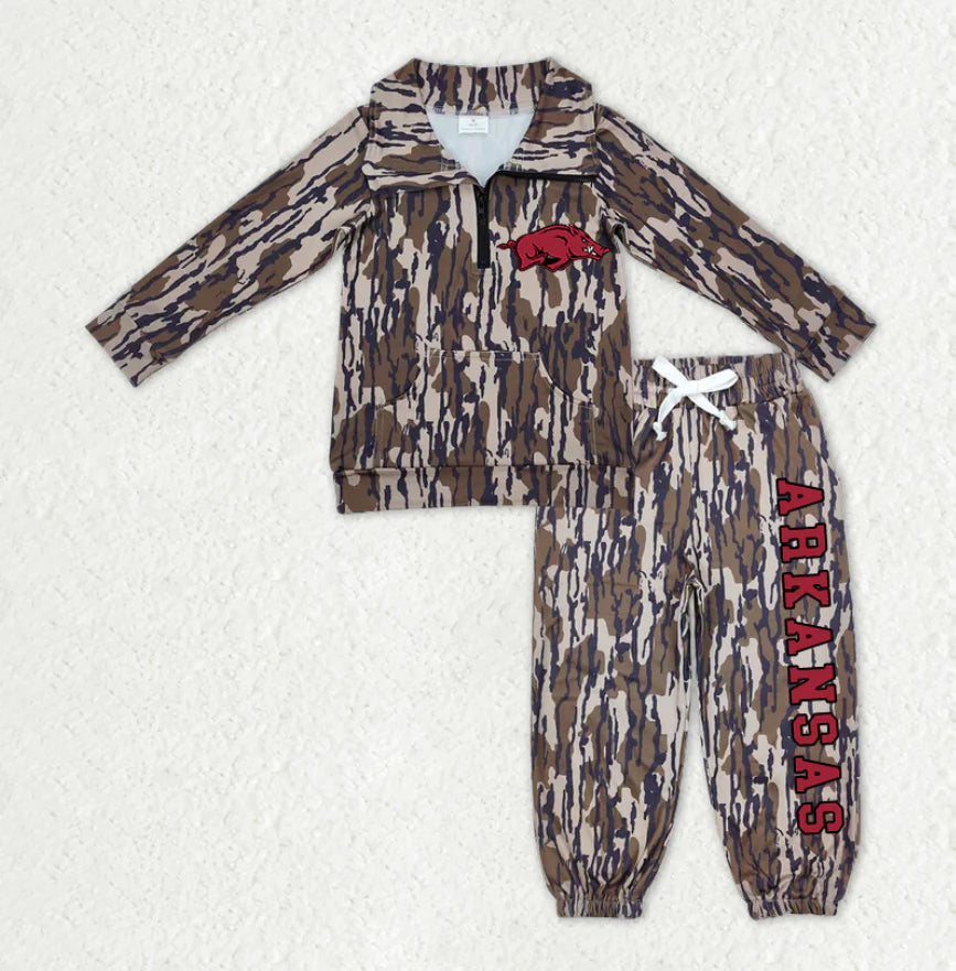 (Custom Design Preorder MOQ 5) Team's Arkansas Camo Print Zipper Pullover Top Pockets Pants Kids Fall Clothes Set