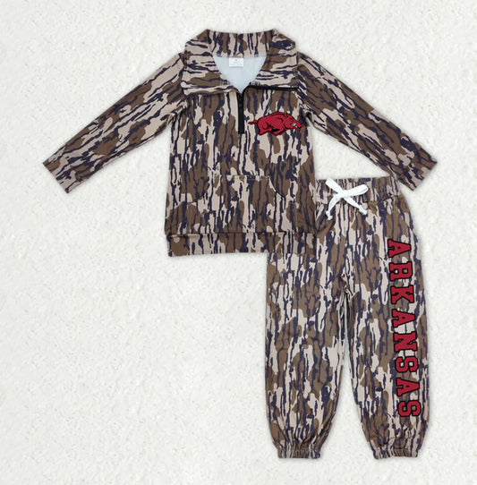 (Custom Design Preorder MOQ 5) Team's Arkansas Camo Print Zipper Pullover Top Pockets Pants Kids Fall Clothes Set
