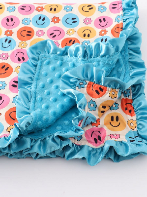 (Custom Design Preorder MOQ 5)  Smimling Face Flowers Print Baby Girls Ruffle Blanket