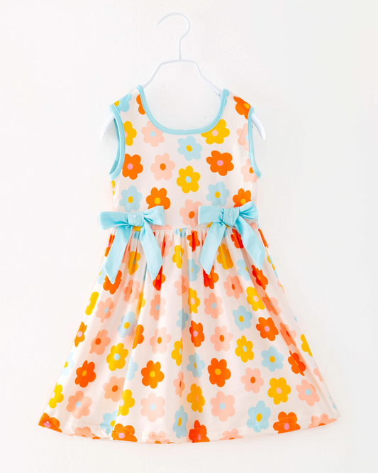(Custom Design Preorder MOQ 5)  Colorful Flowers Print Girls Knee Length Summer Dress