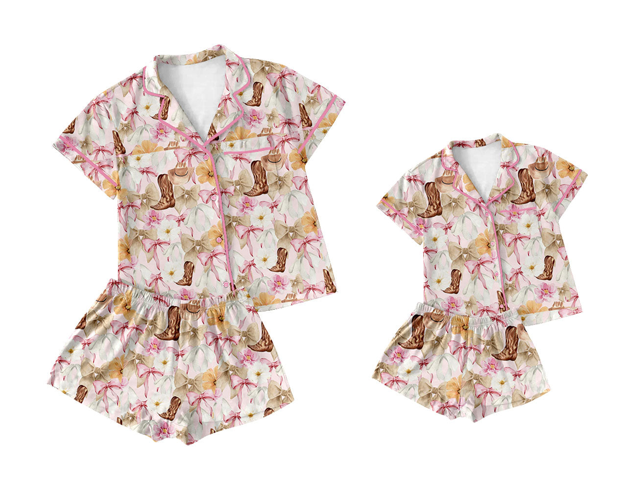 (Custom Design Preorder MOQ 5 Each Design) Hat Boots Bows Print Summer Buttons Pajamas Sets Mom and Me Matching Clothes