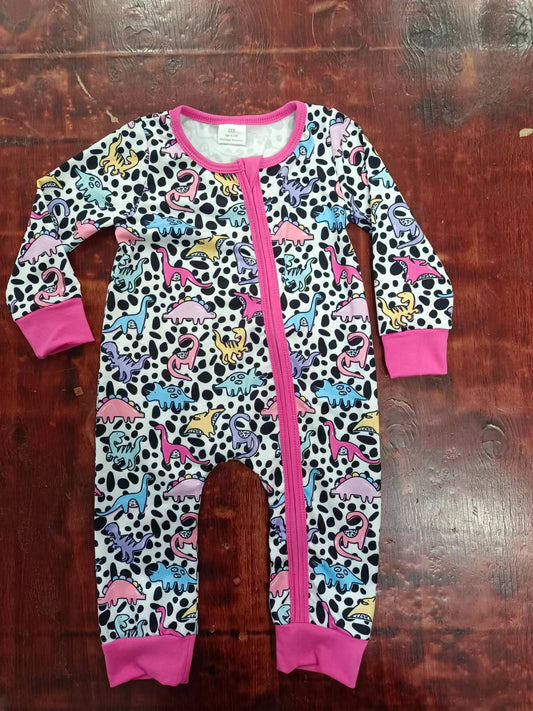 (Custom Design Preorder MOQ 5) Dino Print Baby Girls Fall Sleeper Zipper Romper