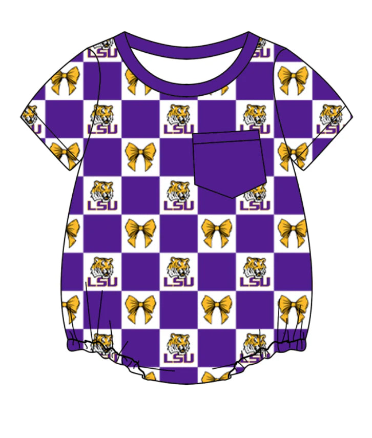 (Custom Design Preorder MOQ 5) Team's LSU Tigers Bows Plaid Print Baby Boys Summer Romper