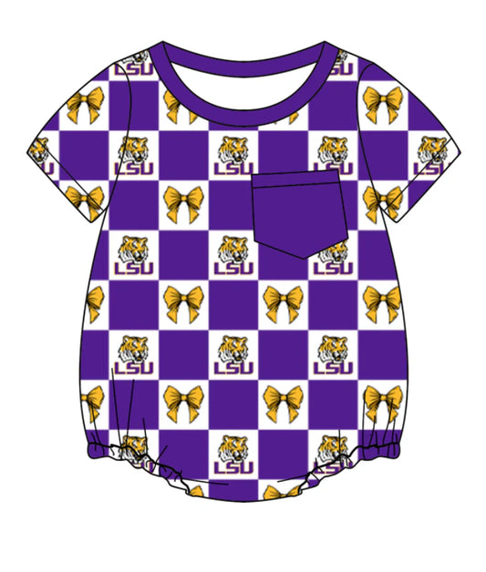 (Custom Design Preorder MOQ 5) Team's LSU Tigers Bows Plaid Print Baby Boys Summer Romper
