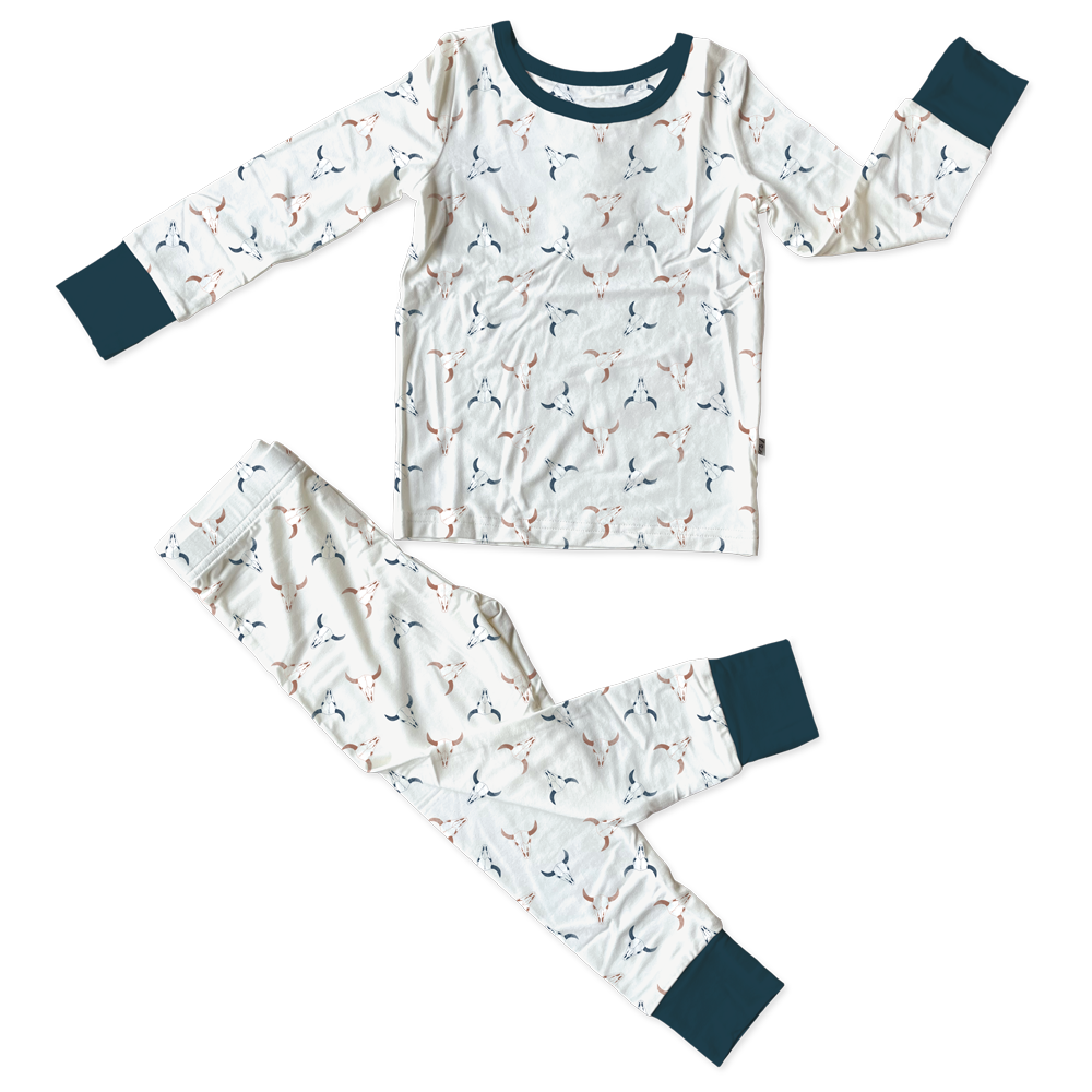 (Custom Design Preorder MOQ 5)  Cow Skull Print Boys Bamboo Pajamas Clothes Set