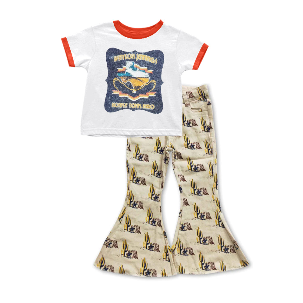 (Custom Design Preorder MOQ 5) Ranch Hand Top Cactus Horse Jeans Girls Western Clothes Set