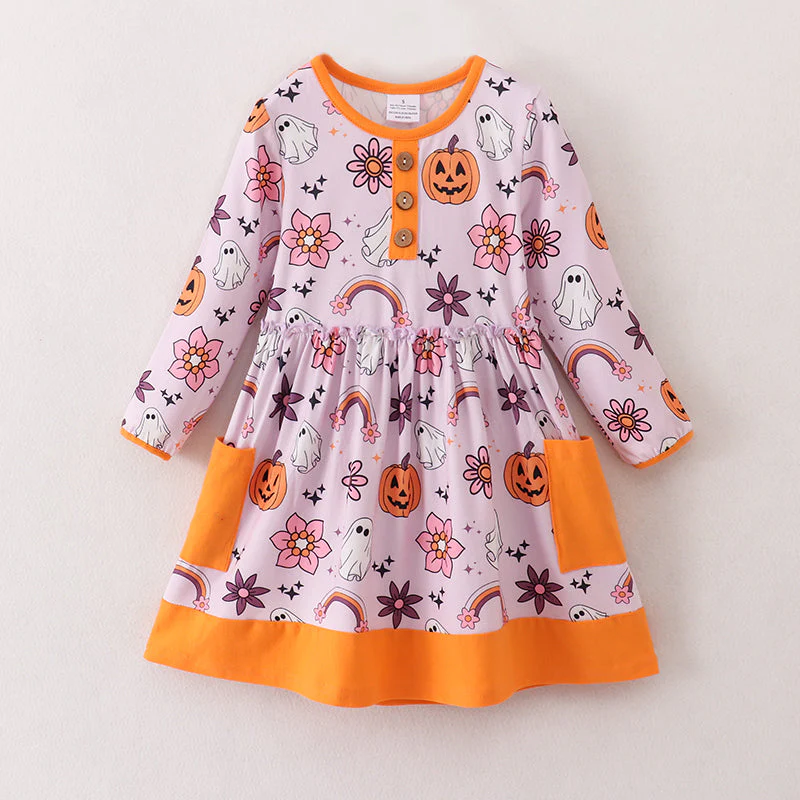 (Custom Design Preorder MOQ 5)  Pumpkin Rainbow Flowers Print Girls Knee Length Halloween Dress