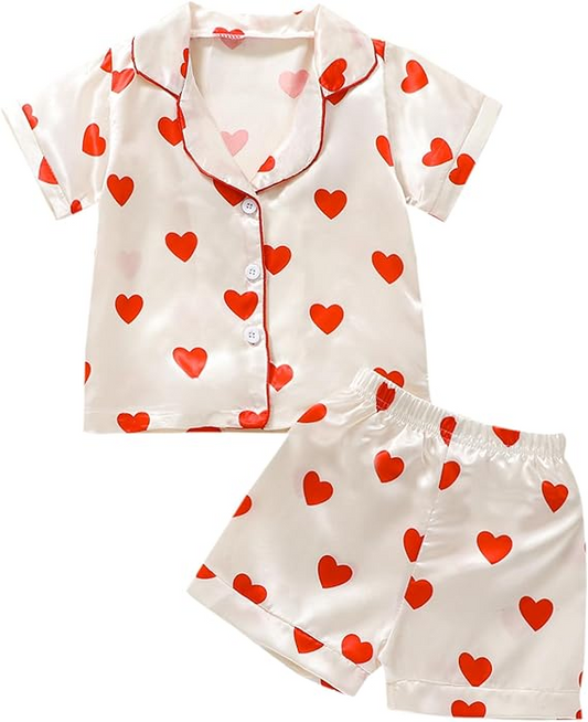 (Custom Design Preorder MOQ 5)  Red Hearts Print Girls Summer Pajamas Clothes Set