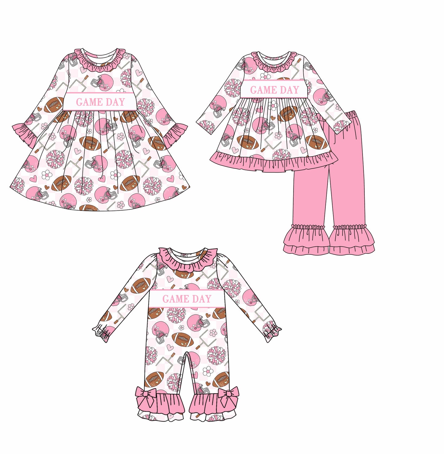 (Custom Design Preorder MOQ 5 Each Design) Game Day Cheer Pink Print Girls Matching Clothes Sisters Wear