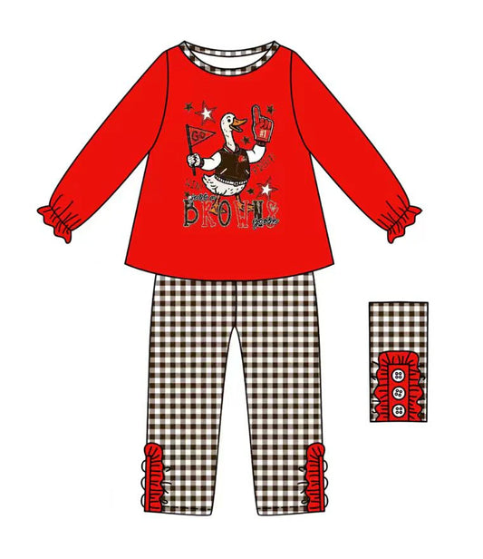 (Custom Design Preorder MOQ 5) Team's BKOWN Red Top Plaid Pants Girls Fall Clothes Set