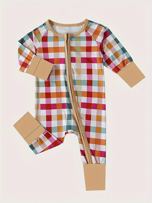 (Custom Design Preorder MOQ 5) Colorful Plaid Print Baby Boys Sleeper Fall Zipper Romper