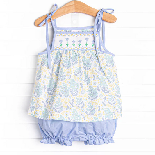 (Custom Design Preorder MOQ 5) Flowers Strap Tunic Top Blue Shorts Girls Summer Clothes Set