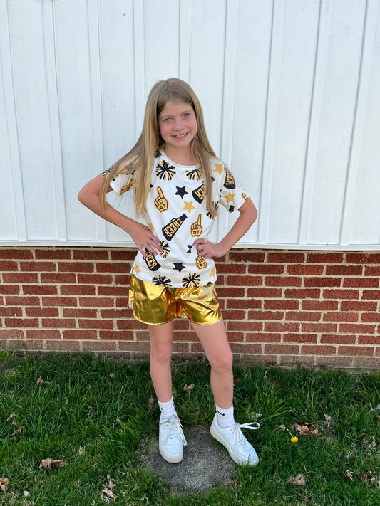 GSSO1936 Cheer Top Yellow Pocket Pleather Elastic Shorts Girls Summer Clothes Set