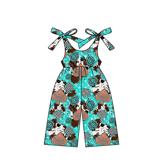 12.25(Custom Design Preorder MOQ 5) Turquoise L*V* Western Print Girls Summer Jumpsuits