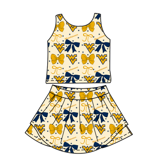 (Custom Design Preorder MOQ 5 ) Team's Mountaineers Football Bows Print Shorts Skirts Girls Summer Yoga Clothes Set