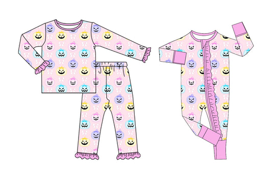 5.21(Custom Design Preorder MOQ 5 Each Design) Colorful Pumpkin Bows Print Girls Halloween Pajamas Matching Clothes Sisters Wear