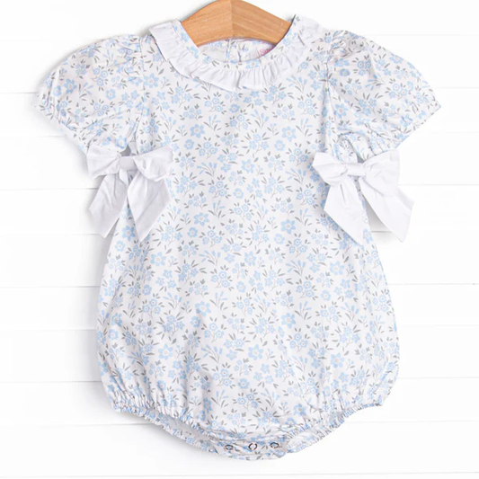 (Custom Design Preorder MOQ 5)  Blue Small Flowers Print Baby Girls Summer Romper