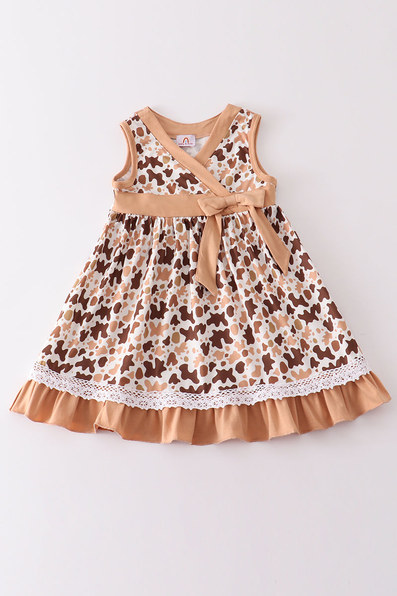 (Custom Design Preorder MOQ 5) Brown Cowhide Print Girls Knee Length Dress