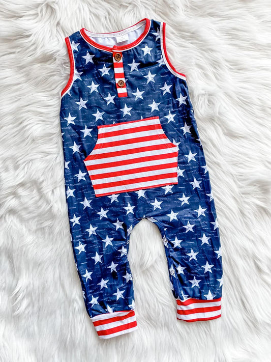 (Custom Design Preorder MOQ 5) Stars Print Baby Boys 4th of July Romper