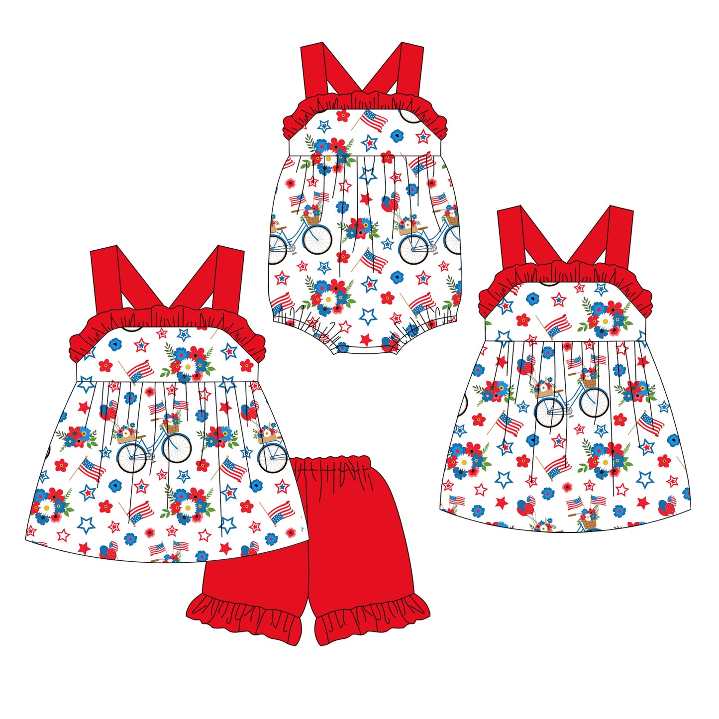 12.13(Custom Design Preorder MOQ 5 Each Design) Flowers Stars Flag Print Girls 4th of July Matching Clothes Sisters Wear