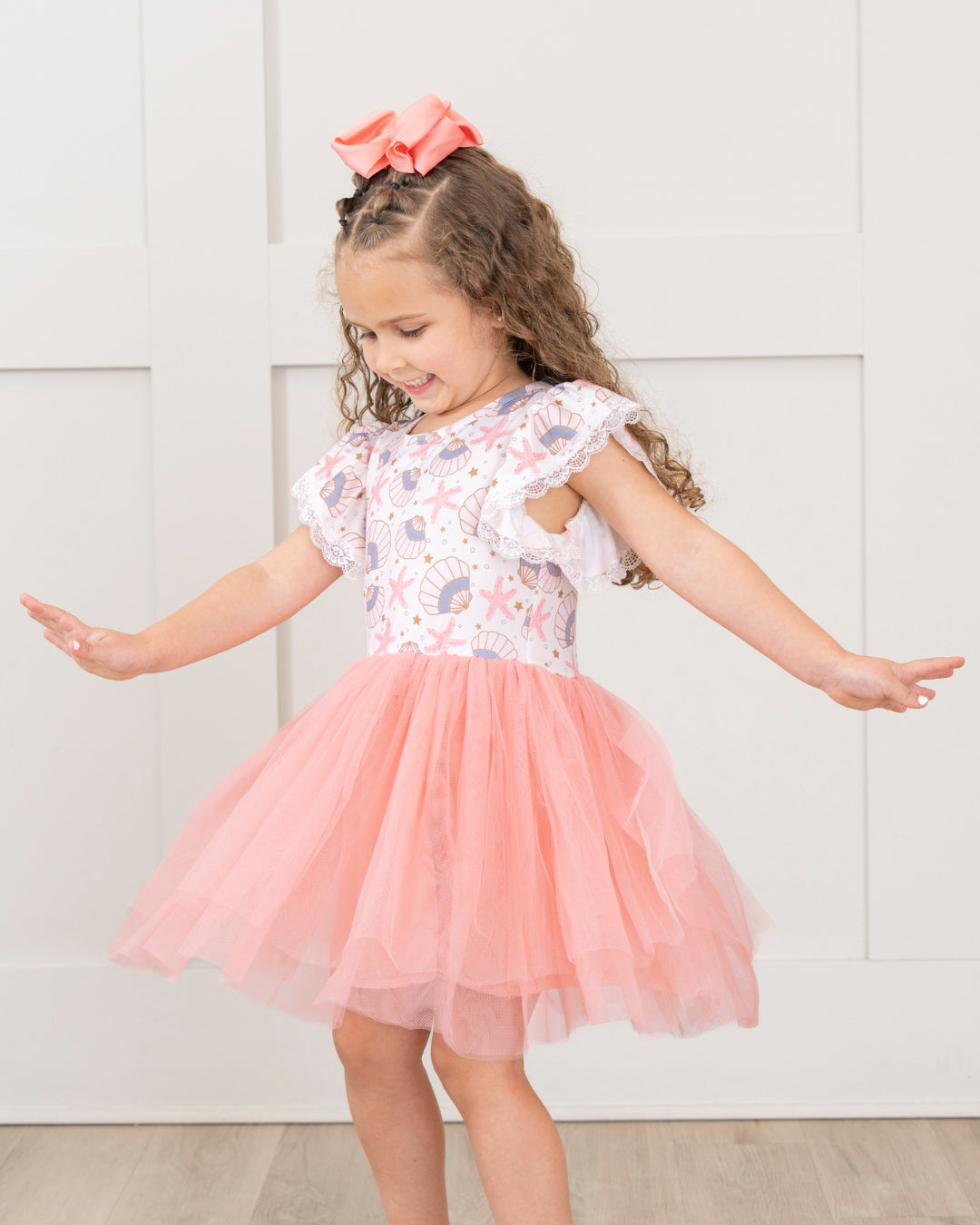 (Custom Design Preorder MOQ 5) Shell Print Girls Summer Knee Length Tulle Dress