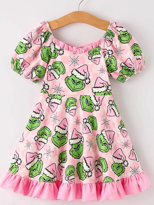 (Custom Design Preorder MOQ 5 ) Green Forg Pink Print Girls Christmas Knee Length Dress
