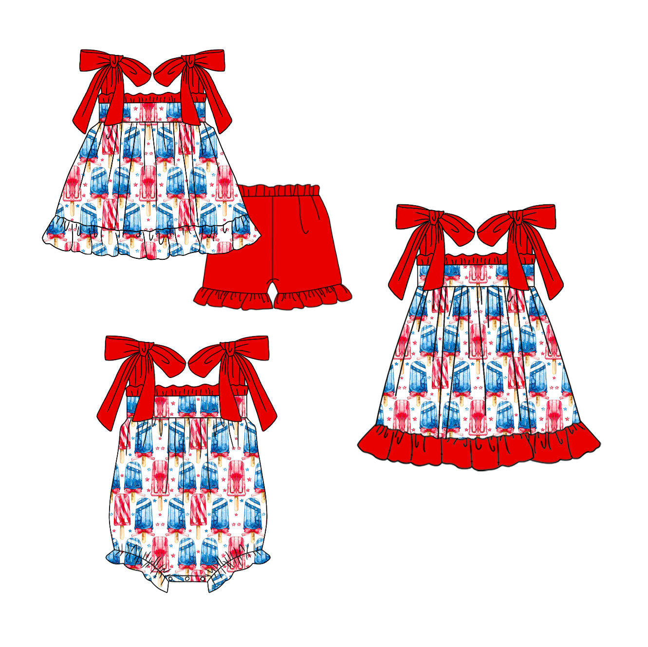 2.24(Custom Design Preorder MOQ 5 Each Design) Red Blue Popsicle Stars Print Girls 4th of July Matching Clothes Sisters Wear