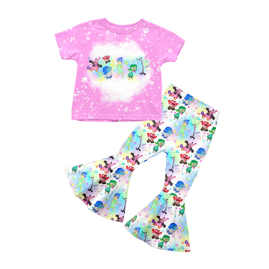 (Custom Design Preorder MOQ 5)  Cartoon Figure Inside Out Tie-dye Print Bell Pants Girls Clothes Set