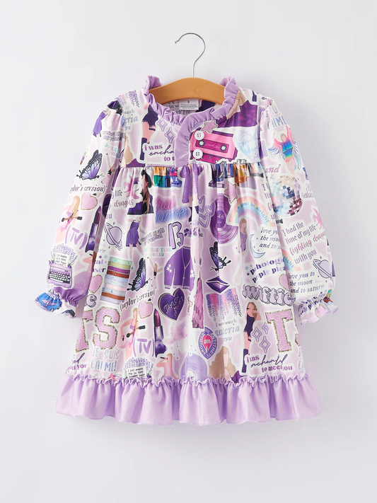 (Custom Design Preorder MOQ 5)  Singer Swiftie Purple Print Girls Knee Length Pajamas Gown Dress
