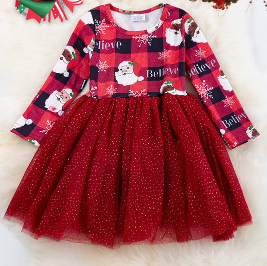 (Custom Design MOQ 5) Christmas Santa Wine Tulle Knee Length Dress