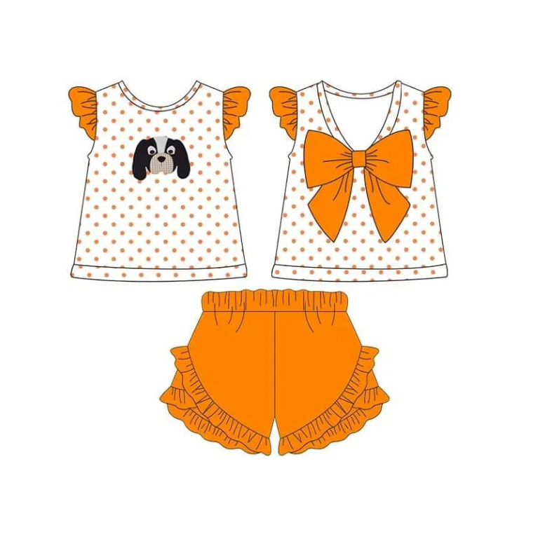 (Custom Design Preorder MOQ 5) Team's Dog Top Ruffle Shorts Girls Summer Clothes Set