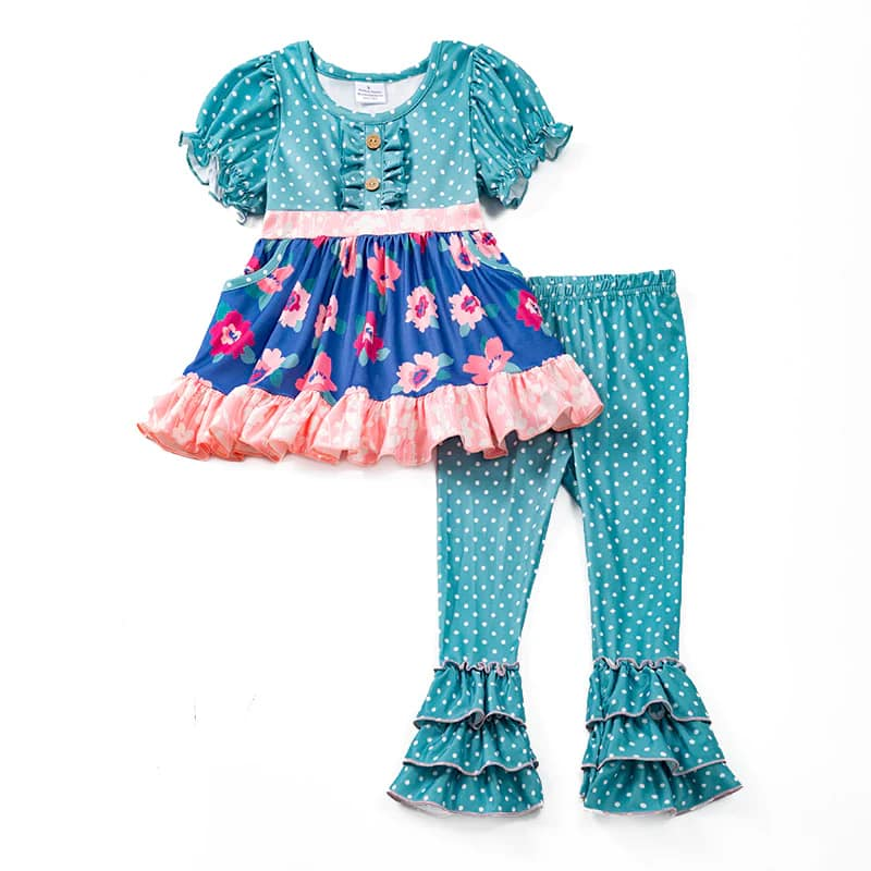 (Custom Design Preorder MOQ 5)  Blue Flowers Tunic Top Ruffles Pants Girls Clothes Set