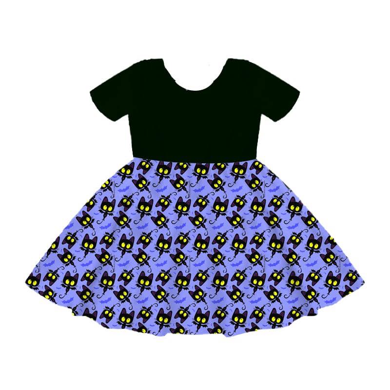 (Custom Design Preorder MOQ 5) Bat Print Girls Knee Length Halloween Dress