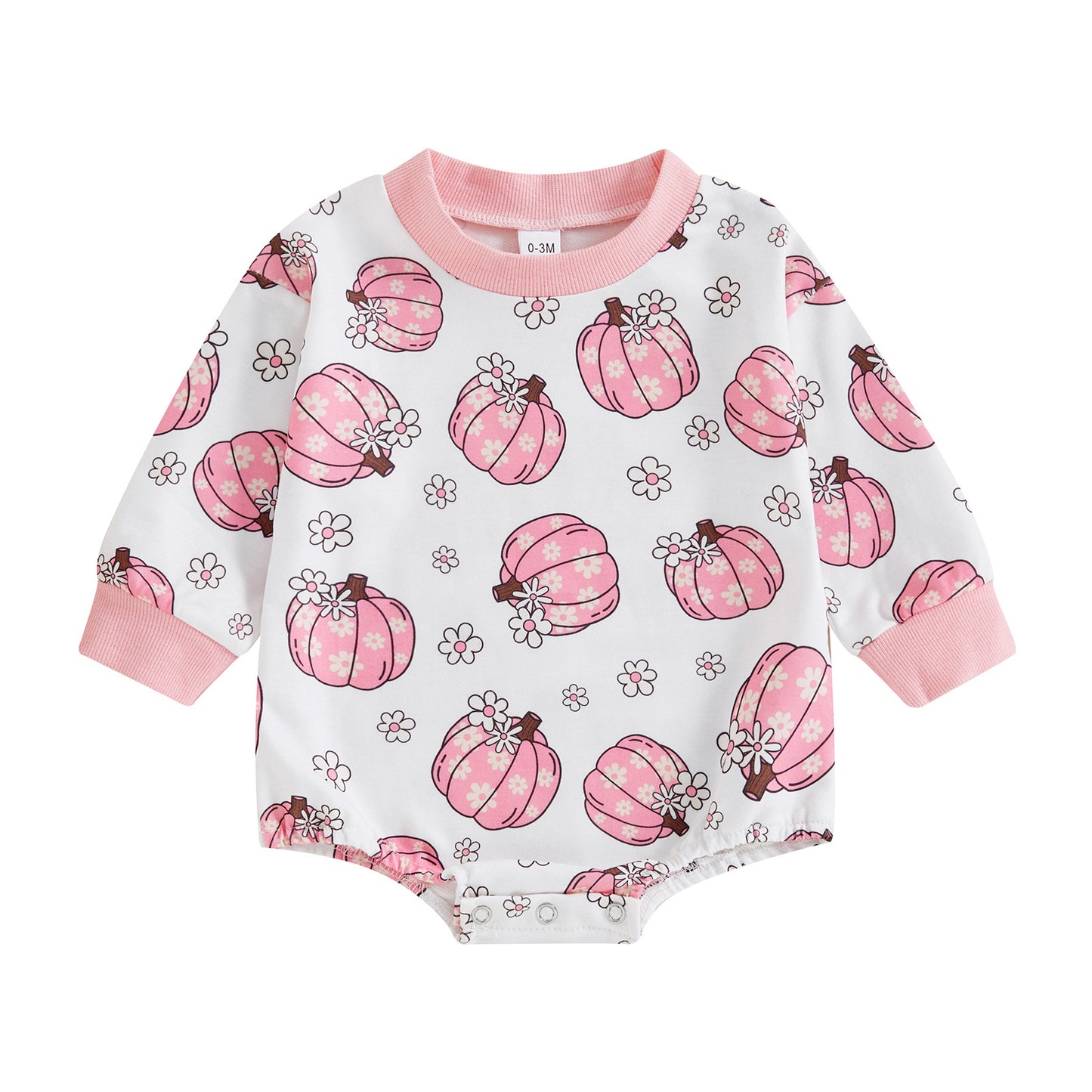 (Custom Design Preorder MOQ 5) Pink Pumpkin Flowers Print Baby Girls Fall Romper