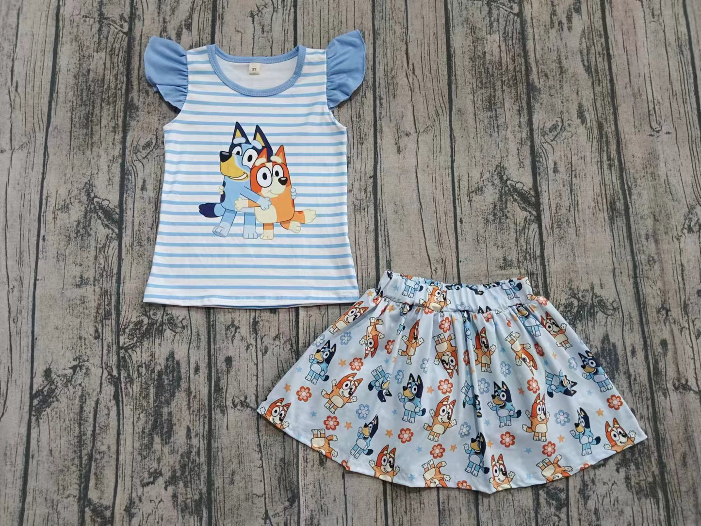 (Custom Design Preorder MOQ 5 )Cartoon Dog Blue Stripes Top Skirts Girls Summer Clothes Set