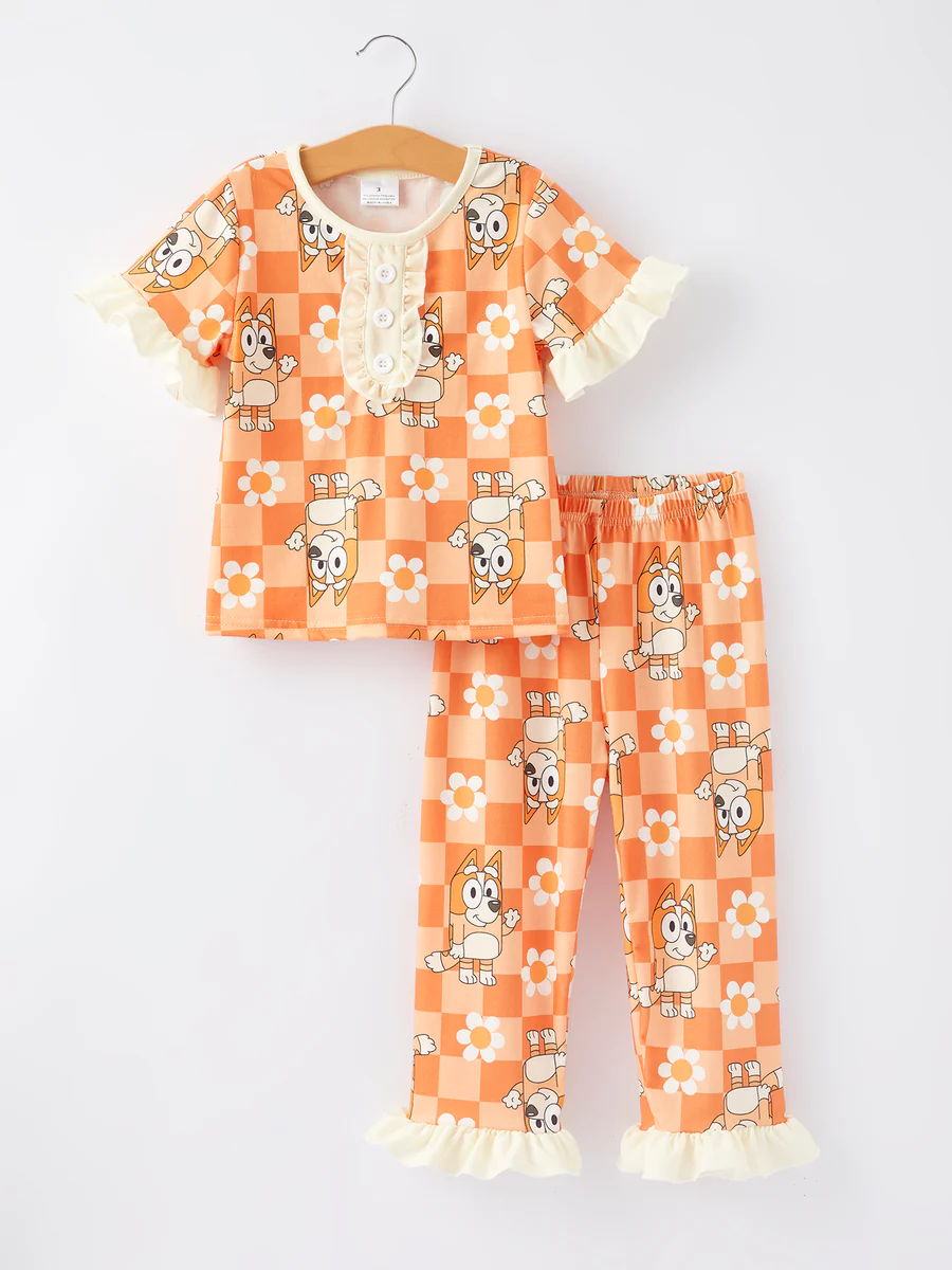 (Custom Design Preorder MOQ 5) Cartoon Dog Orange Plaid Flowers Print Girls Pajamas Clothes Set