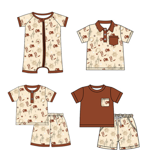 2.22(Custom Design Preorder MOQ 5 Each Design)  Boots Hat Brown Print Boys Summer Matching Clothes Brothers Wear