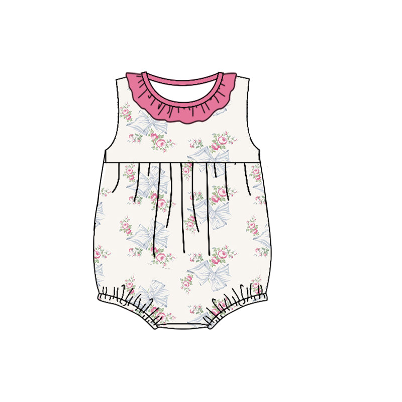 (Custom Design Preorder MOQ 5) Flowers Bows Print Baby Girls Summer Sleeveless Romper