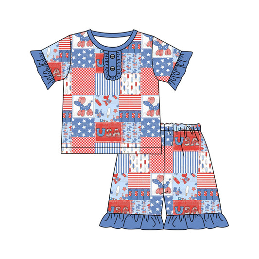 1.3(Custom Design Preorder MOQ 5) Balloon Dog USA Print Girls 4th of July Button Pajamas Clothes Set