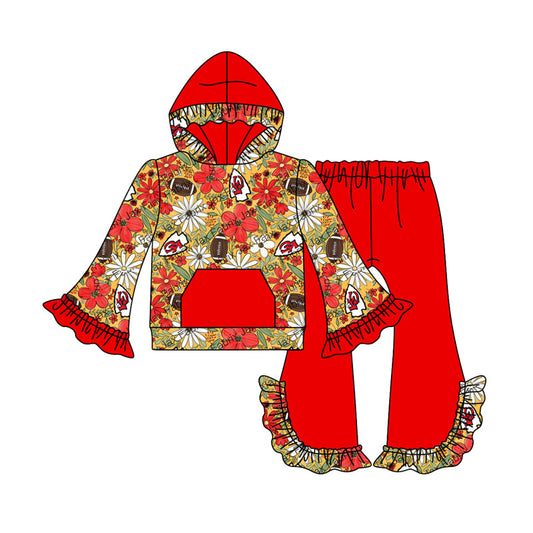 (Custom Design Preorder MOQ 5) Team's KC Football Flowers Print Girls Fall Hoodie Clothes Set