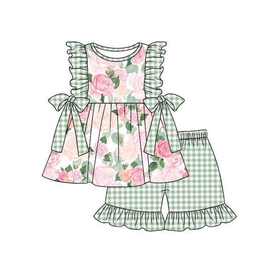 (Custom Design Preorder MOQ 5) Green Flowers Print Top Ruffle Shorts Girls Summer Clothes Set