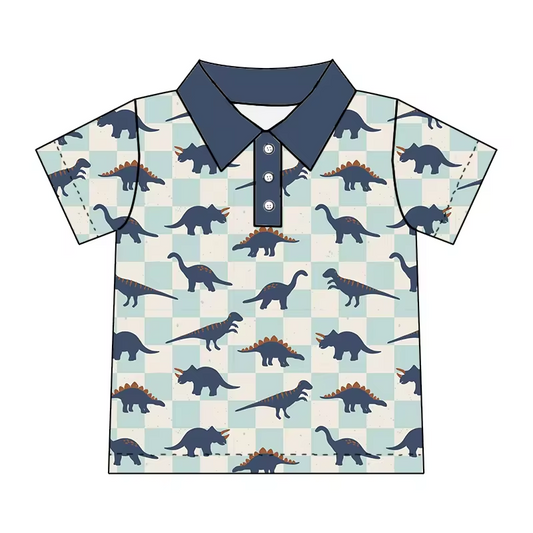 (Custom Design Preorder MOQ 5)  Dino Print Boys Summer Polo Tee Shirts Top